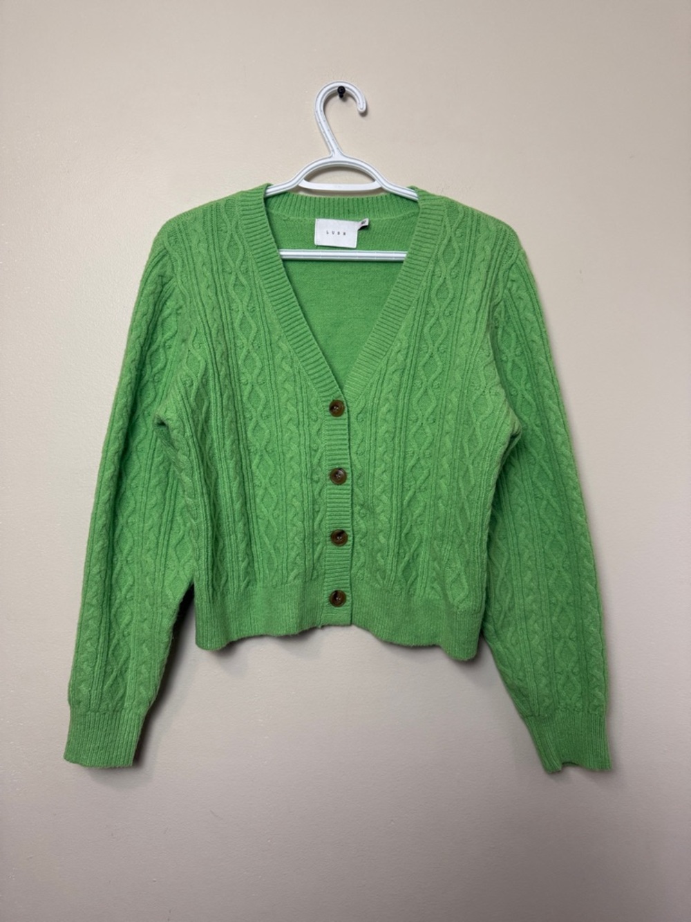 Lush Celery Green Cable Knit Cardigan L V-Neck Button Front Cropped Cozy Sweater - Picture 2 of 7
